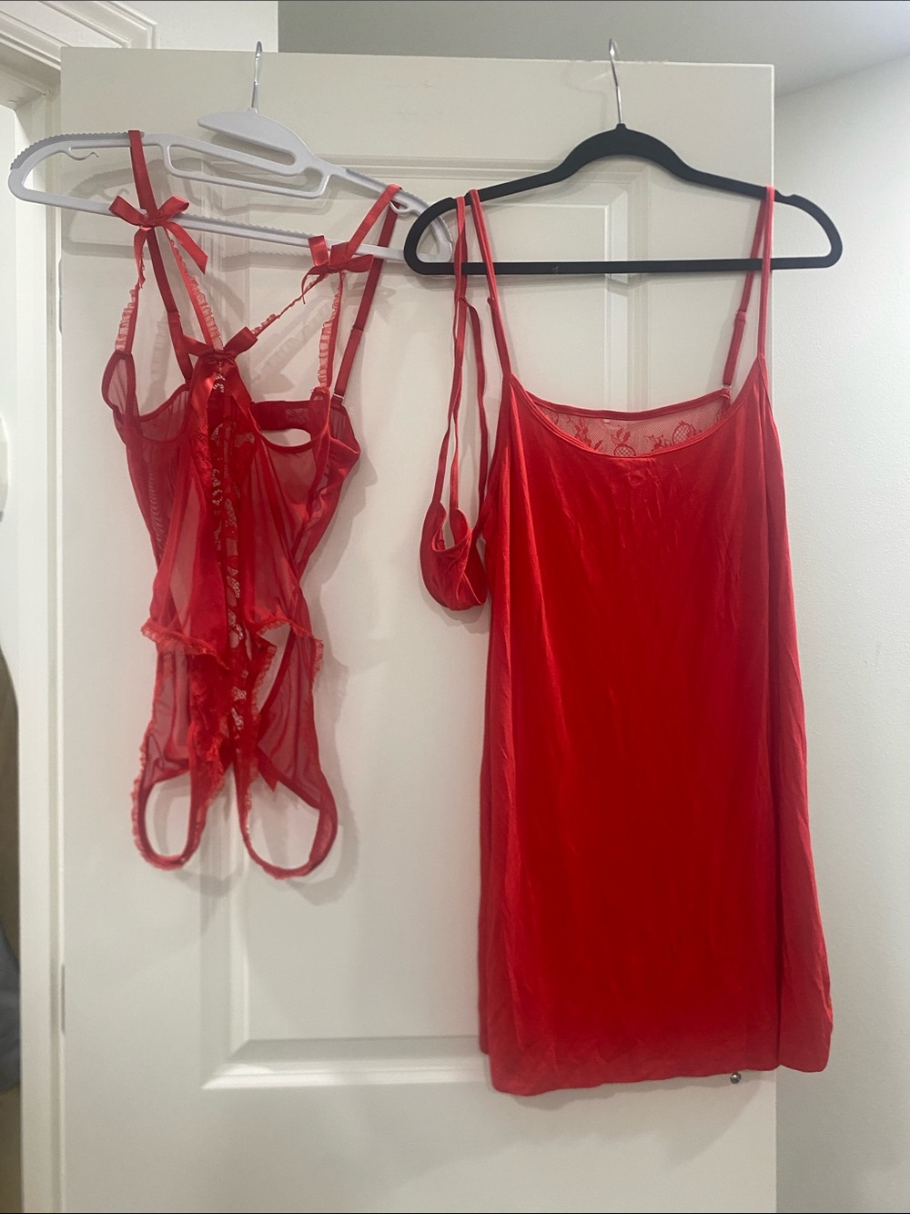 Red Satin Slip Nightdress with Lace-Trim Chemise Set